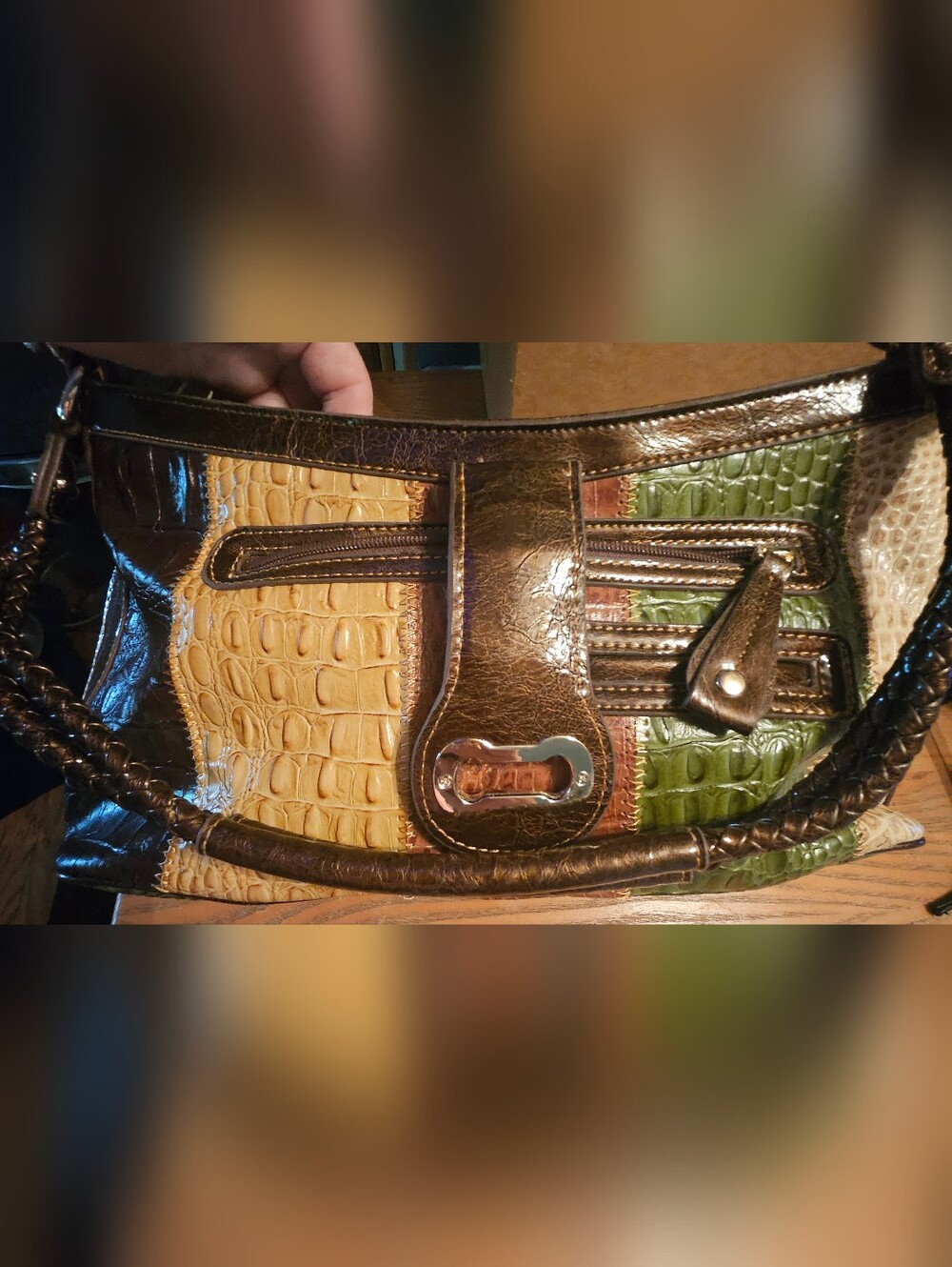 Mark Chantel Multicolor Croc-Embossed Leather Tote with Bronze Trim Brand New !!